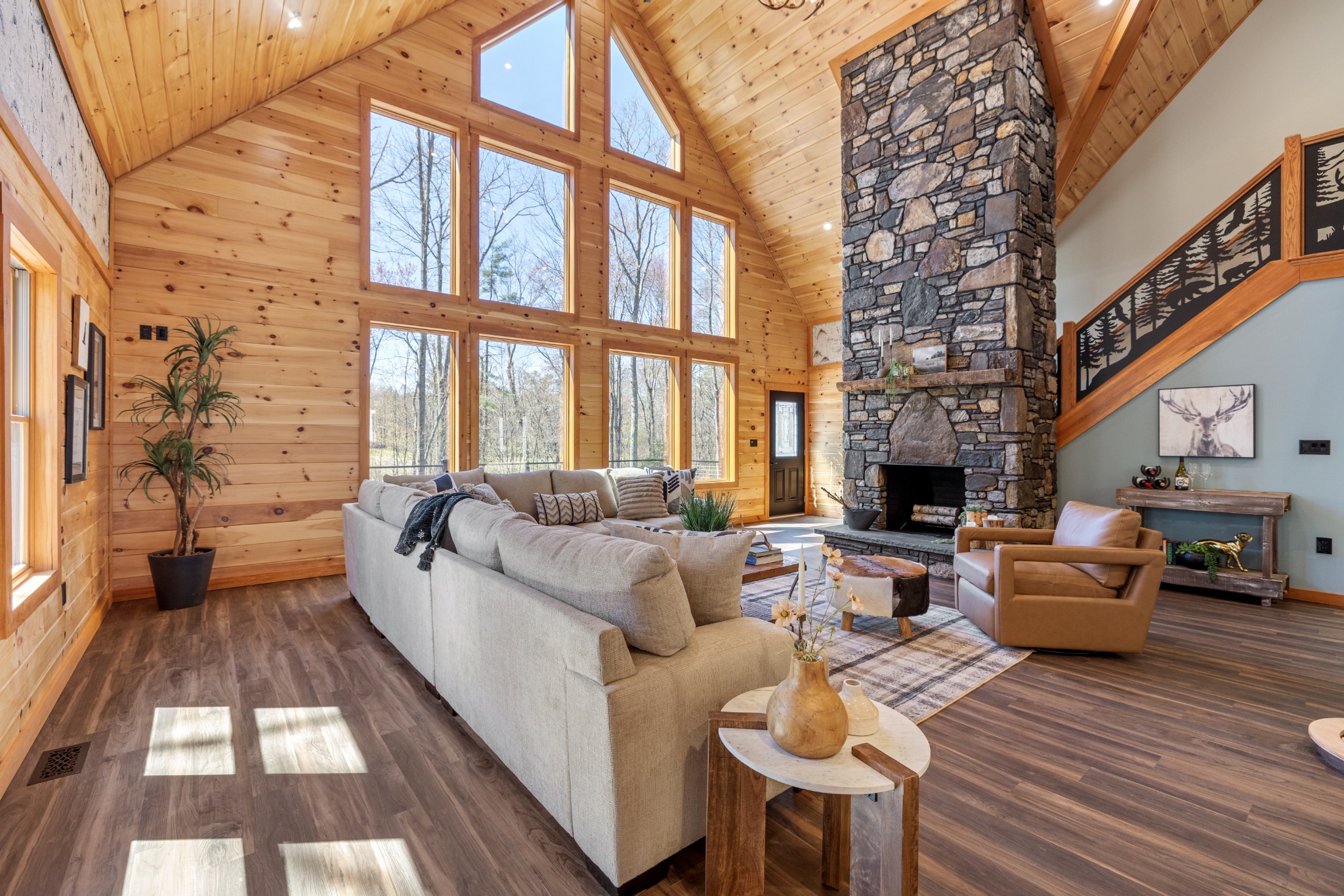 Interior / Great room with stone fireplace