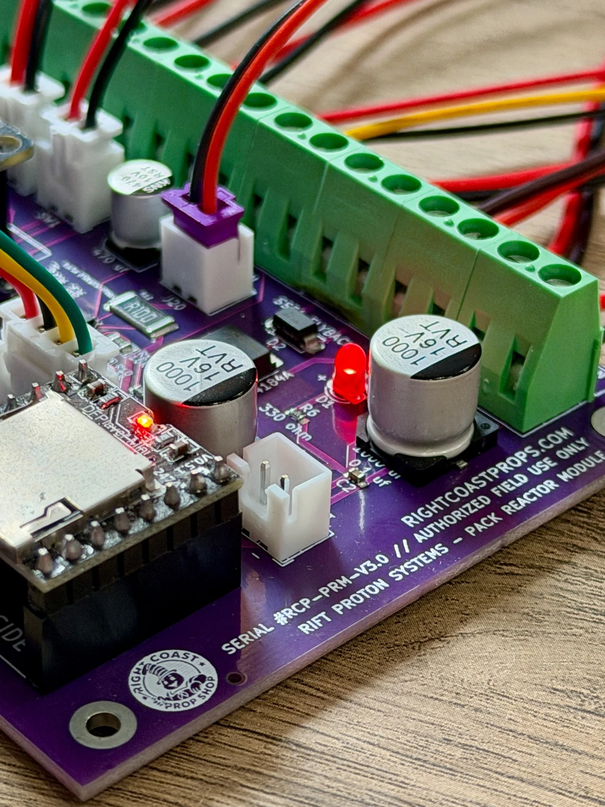 Close-up of the RIFT Pack Reactor Module circuit board and connected wiring
